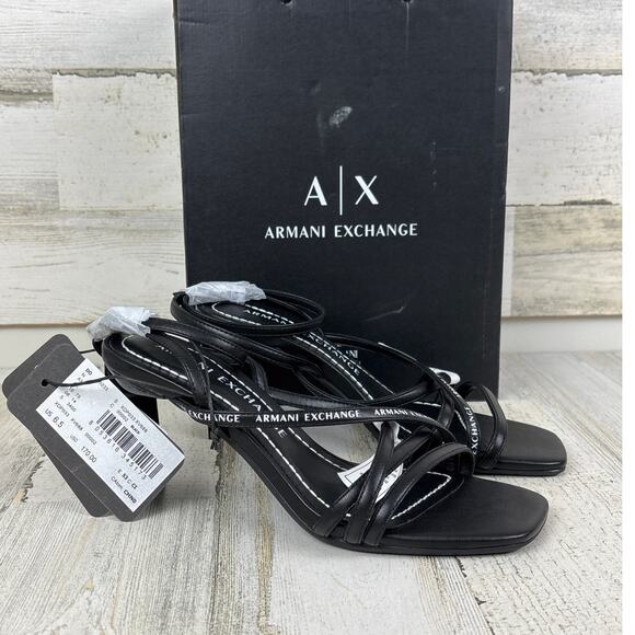 Armani Exchange womens 6 black leather strappy sandals new buckle heel square - Picture 1 of 8